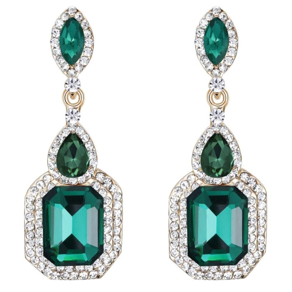 Yellow Gold with Emerald Green Austrian Crystal Chandelier Drop Clip On Earrings